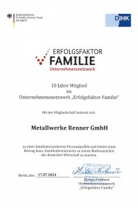 Metallwerke-Renner-Erfolgsfaktor-Famile-Urkunde
